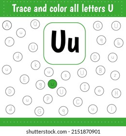 Learning English alphabet. Woksheets for for school and kindergarten. .Letters recognition. Color all letters Uu. Educational worksheet