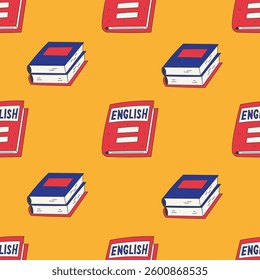Learning English Books Seamless Pattern. Playful Cartoon Background for Foreign Language education. Dictionary Stack Textbook repeat vector illustration