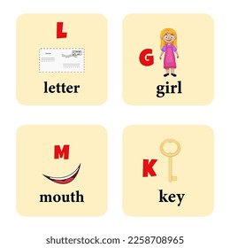 Learning English with cards. Girl, mouth, key, letter.White background. Kit. Education for children and adults. Vector stock illustration.