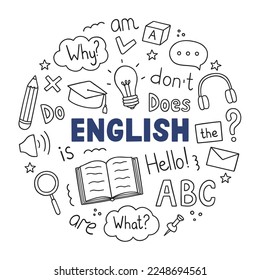 Learning English doodle set. Language school in sketch style. Online language education course. Hand drawn vector illustration isolated on white background