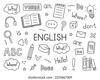 Learning English doodle set. Language school in sketch style. Online language education course. Hand drawn vector illustration isolated on white background