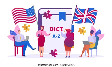 Learning English education concept, teacher and students vector isolated illustration. Class lesson in group of people studying English language. Dictionary, american and british flags, laptops. svg