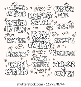 Learning English educational black and white phrases and words. Language school lettering - phrases and expressions, terms about study English. I love English, Language School, Grammar and other words