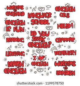 Learning English educational lettering - colored phrases and words. Language school lettering - phrases and expressions, terms about study English. I love English, Language School, Grammar and other