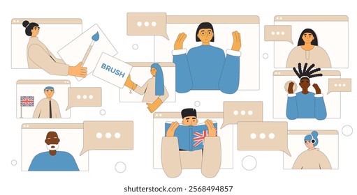 Learning english group online methods. Teacher with adult students prepare for exam and training skills of foreign language for advanced level isolated on white background. Vector flat illustration.