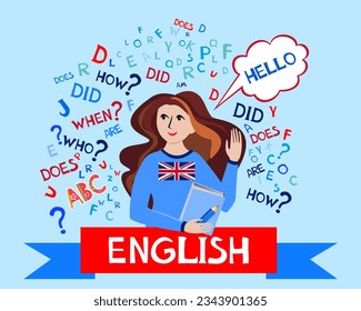 Learning english. Hello!  English lesson for pupils and students. Video course, distance education, web seminar, internet class, personal teacher service. Illustration for book, dictionary, vocabulary