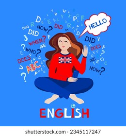 Englisch lernen. Hallo!  Englischunterricht für Schüler und Studenten. Video-Kurs, Fernunterricht, Web-Seminar, Internet-Klasse, Personal Lehrer-Service. Illustration für Buch, Wörterbuch, Vokabular