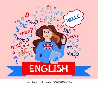 Learning english. Hello!  English lesson for pupils and students. Video course, distance education, web seminar, internet class, personal teacher service. Illustration for book, dictionary, vocabulary