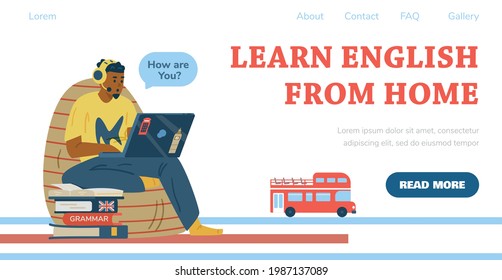 Learning English at home concept of web banner with studying young man sitting on pile of textbooks, flat vector illustration. Online English school or courses.
