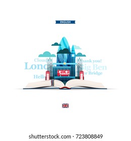 Learning English. Illustration with the image of an open book, Big Ben, Tower bridge, telephone boxes and English words and expressions.