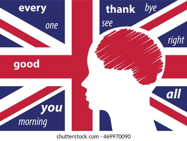 Learning english language grammar concept vector illustration with UK flag in background and simple english words.