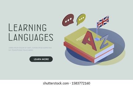 Learning english language illustration concept. Textbooks in English. Online studying, England flag, A and Z letters of Latin alphabet. E-learning and teaching website template, landing page, layout