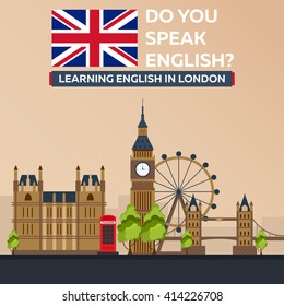 Learning English in London. Education in England. Flat design