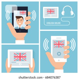 Learning English with Mobile Technology and Device. Flat Vector Illustration