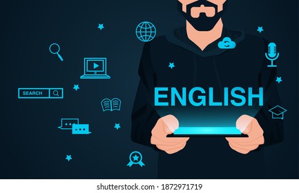 Learning English with new technology concept. Vector of a man holding a tablet computer