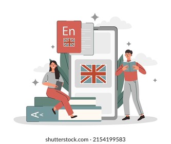 Learning English Online concept. Male and female students sitting on books next to smartphone and studying English grammar. Practice reading, talking and listening. Cartoon flat vector illustration