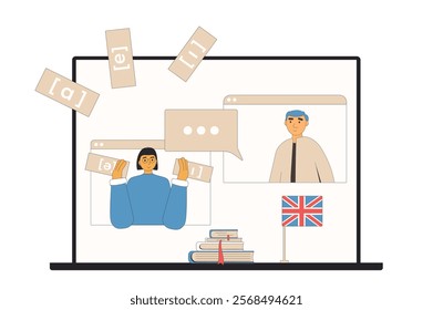 Learning english online with conversation. Buddy system. Native speaker talking with adult student and practice pronunciation of foreign language isolated on white background. Vector illustration.
