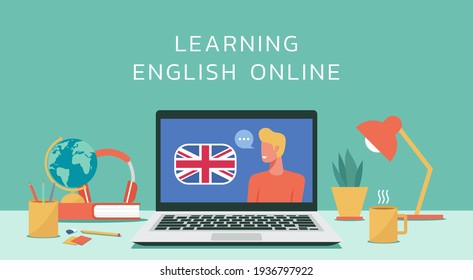 learning english online course or on laptop computer concept, e-learning and distant learning, education of foreign language lesson on internet, flat design vector illustration