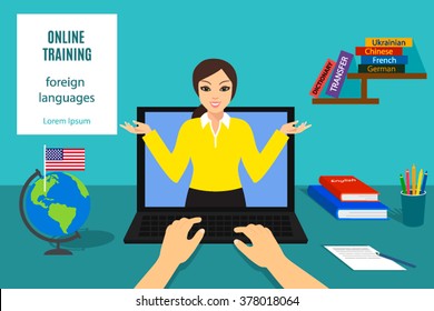 Learning English online. Flat vector illustrationDistance Education, Online Training