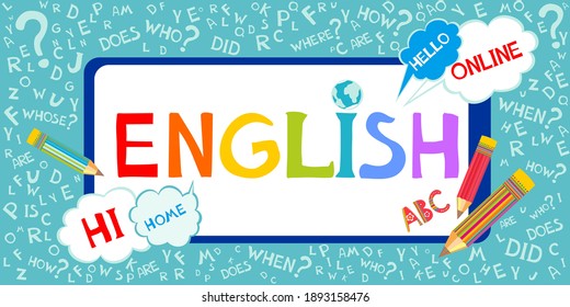 Learning english. Online english lesson for pupils and students. Video course, distance education, web seminar, internet class, personal teacher service. Horizontal banner. Vector illustration