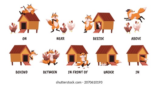 Learning english prepositions. Fox with chicken coop scenes, children visual aid, wild animal, domestic birds, language study, kindergarten educational worksheet vector cartoon isolated set