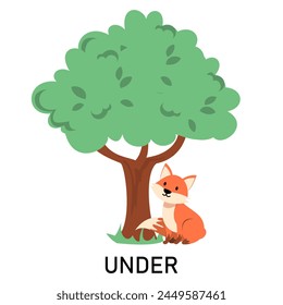 Learning English prepositions with a funny fox and green tree vector isolated. Animal character sitting under the tree. Cute red fox.