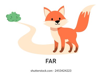 Learning English prepositions with a funny fox and green bush vector isolated. Animal character sitting far from a green bush. Cute red fox.