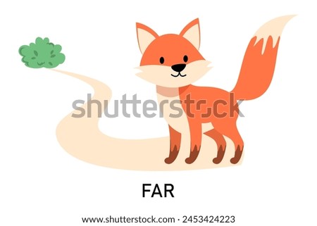 Learning English prepositions with a funny fox and green bush vector isolated. Animal character sitting far from a green bush. Cute red fox.