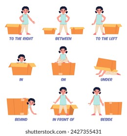 Learning english prepositions. Little girl, between and behind carton box, under and on, position relative to object, kids language education, grammar vocabulary, cartoon flat vector set