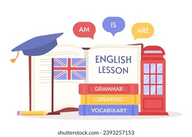 Learning English set. Colorful books and graduation hat with british flag. Education and training. International language studying. Cartoon flat vector illustration isolated on white background