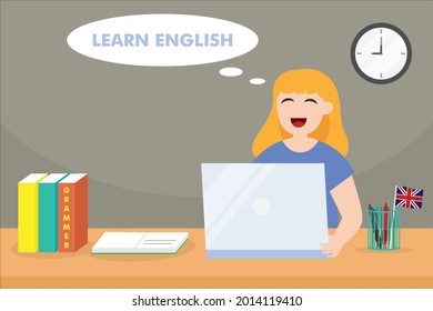 Aprendiendo el concepto de vector inglés: Estudiante universitario aprendiendo inglés con portátil mientras se sienta en la silla