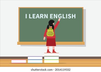 Learning english vector concept: Schoolgirl writing I learn english on the chalkboard while standing on the pile of books