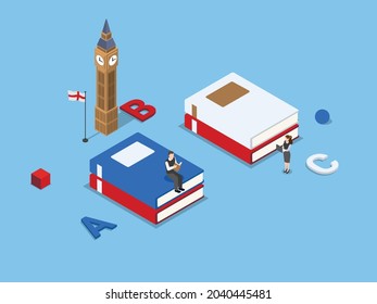 Learning english vector concept: Two high school students learning english with the Big Ben background