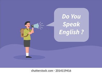 Learning english vector concept: Young student speaking english while using megaphone 