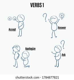 learning English verb 1 stick man vector illustration