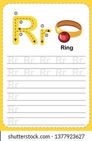 Learning English vocabulary , Exercises for kids, Alphabet R exercise with cartoon vocabulary illustration, A4 paper ready to print. Ring