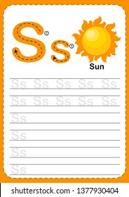 Learning English vocabulary , Exercises for kids, Alphabet S exercise with cartoon vocabulary illustration, A4 paper ready to print. Sun