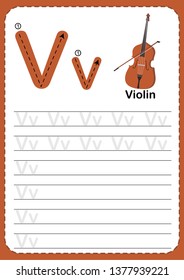 Learning English vocabulary , Exercises for kids, Alphabet V exercise with cartoon vocabulary illustration, A4 paper ready to print. Violin