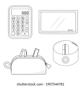 learning equipment at school. Black and white vector illustration bundle for a coloring book