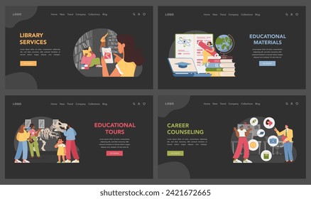 Juego de elementos esenciales para el aprendizaje. Diferentes personas utilizan materiales educativos, aplicaciones interactivas para el estudio y servicios de biblioteca que mejoran las experiencias académicas. Ilustración vectorial plana