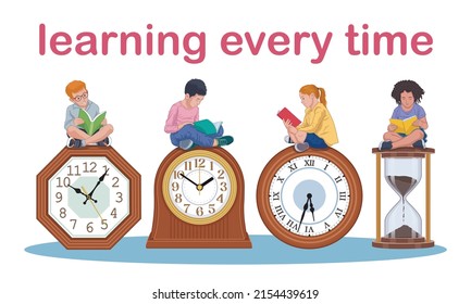Learning every time. Boys and girl reading books sitting on giant clocks vector illustration.
