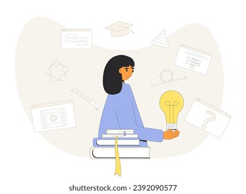 Learning experience designer creating curriculum or learning materials. ID developing online course training. Woman holding bulb as idea metaphor. Online education. Vector illustration.