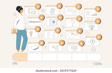 Aprender la plataforma de la Expiriencia. Tecnología de la gamificación en la educación. Incriminar el compromiso y la motivación en la educación. Curso o formación en línea. Ilustración vectorial.