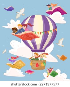 Aprender y explorar nuevos horizontes. Niños pequeños y felices vuelan en libros y globos de aire caliente. Niños y niñas creativos leen literatura. Conocimiento y educación. Dibujo vectorial plano de dibujos animados