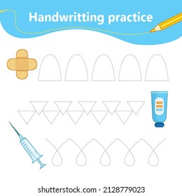 Learning the first letter of lines by dots. Set of medical items, syringe, medicine, plaster. Preschool education. Vector illustration in cartoon style.