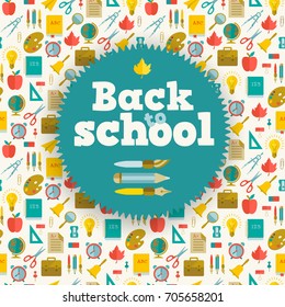 Learning flat background with back to school sticker and supplies seamless pattern vector illustration