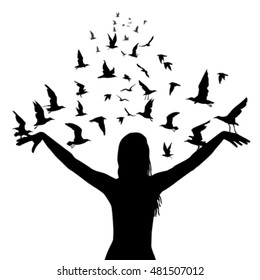 Learning to fly abstract concept with silhouettes of woman and birds