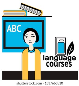 Learning a foreign language conceptual banner design flat style. Teacher woman teaches children. Vector illustration