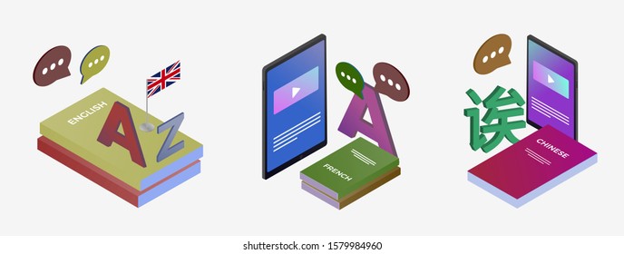 Learning foreign language illustration set concept. Textbooks in English, French and Chinese language. Online studying, England flag and A letters of Latin and Chinese alphabet. E-learning, teaching