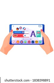 Learning a foreign language via the Internet. Screen with an image of English and German dictionaries. Messenger for trainang and communication with native speakers. Application for self-education